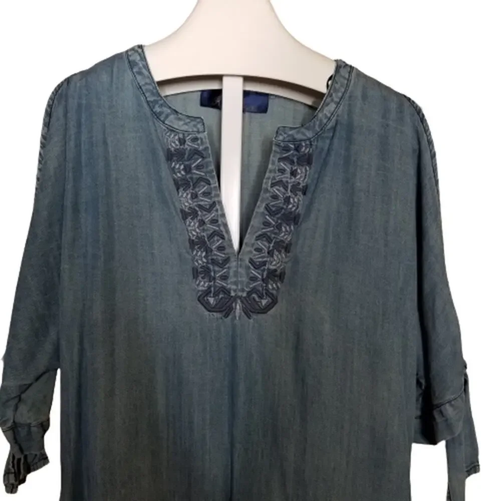 Blue Rain Embroidered Chambray Shirt Dress Small